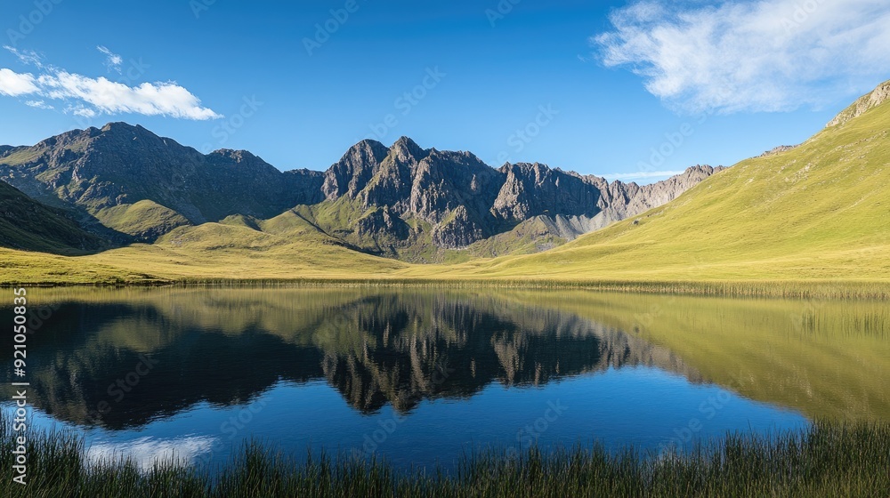 Tranquil lake reflecting towering mountains Tranquil lake reflecting towering mountains
