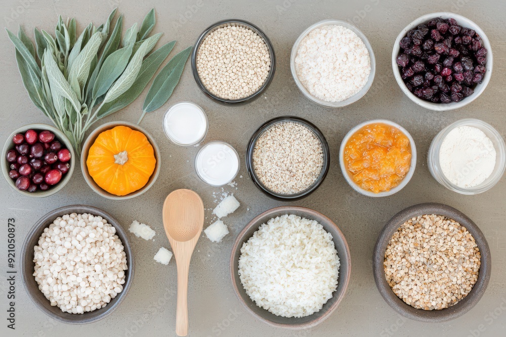 Top view of various healthy grains and ingredients in bowls, including berries and herbs, arranged on a grey surface. Top view of various healthy grains and ingredients in bowls, including berries and herbs, arranged on a grey surface.