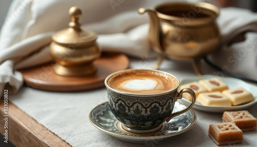 Traditional porcelain cups filled with frothy Turkish coffee.