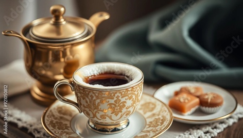 Traditional porcelain cups filled with frothy Turkish coffee. photo