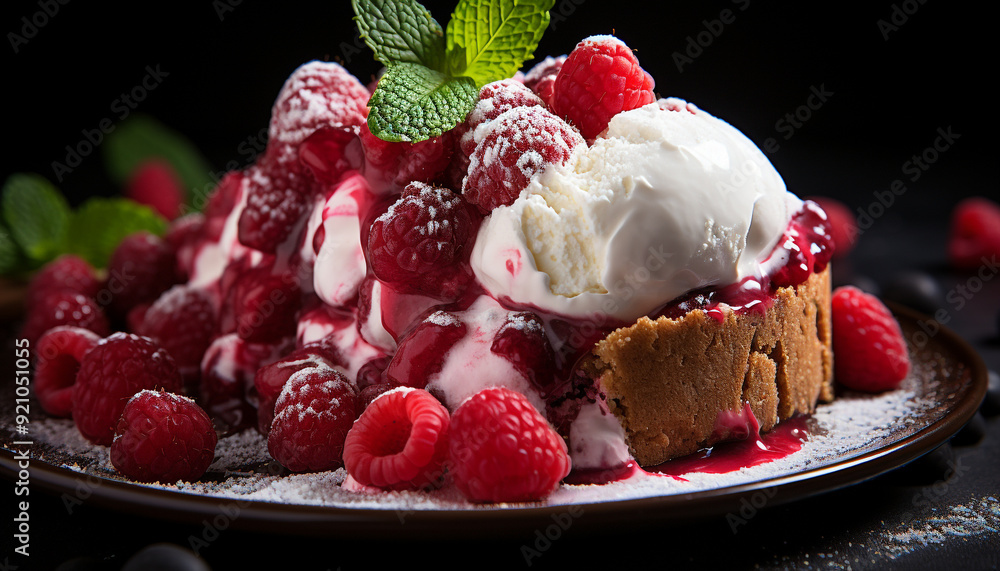 Fresh berry dessert on plate, indulgent and refreshing summer treat generated by AI Fresh berry dessert on plate, indulgent and refreshing summer treat generated by AI