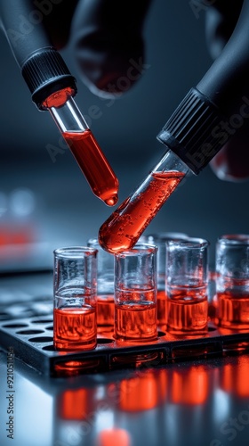 Close-up of lab equipment with red liquid being transferred between test tubes, showcasing scientific research and experimentation.