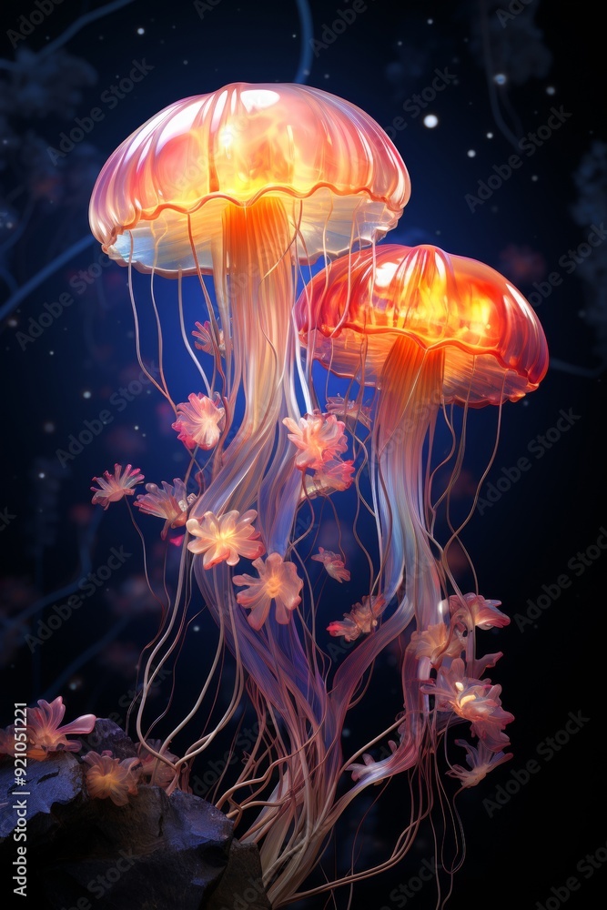 Glowing bioluminescent jellyfish floating in an enchanting forest. Glowing bioluminescent jellyfish floating in an enchanting forest.
