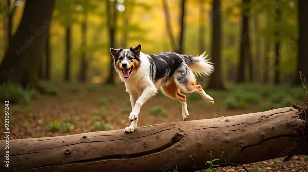 Happy Australian Shepherd Running Through Forest Happy Australian Shepherd Running Through Forest