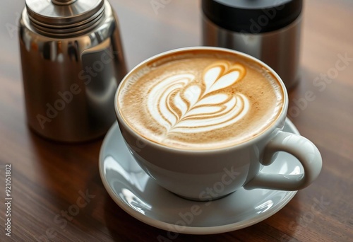  Close-up of latte art on a white porcelain cup in a coffee shop. photo