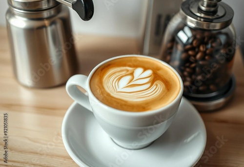  Close-up of latte art on a white porcelain cup in a coffee shop. photo