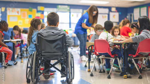 Inclusive classrooms with diverse students, special education teachers providing individualized support, students using assistive technologies, accessibility features integrated