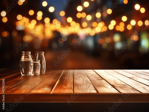 Generous 3d christmas background with wooden table against bokeh lights design