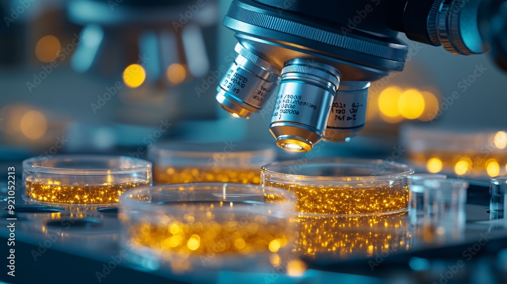 A laboratory microscope focused on glowing samples in multiple Petri dishes, illustrating advanced scientific research and microbiology analysis. A laboratory microscope focused on glowing samples in multiple Petri dishes, illustrating advanced scientific research and microbiology analysis.