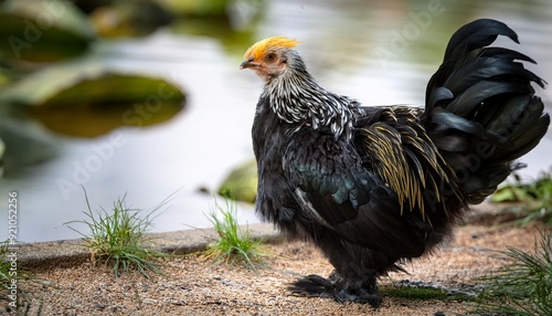 A dwarf black Cochinchina chicken with yellow feather comb photo