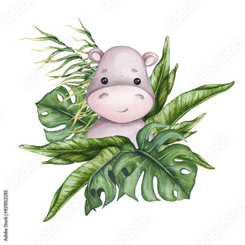 Cute baby hippo in a bouquet of tropical leaves. Watercolor composition for birthday, gender party, baby shower, children's party. Illustration for postcard, poster, invitation, greeting card.
