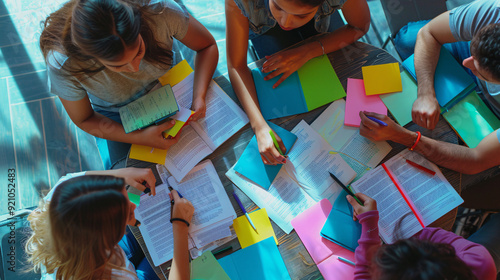 Students studying with flashcards, exam preparation with highlighters and textbooks, group study sessions, test-taking strategies discussed