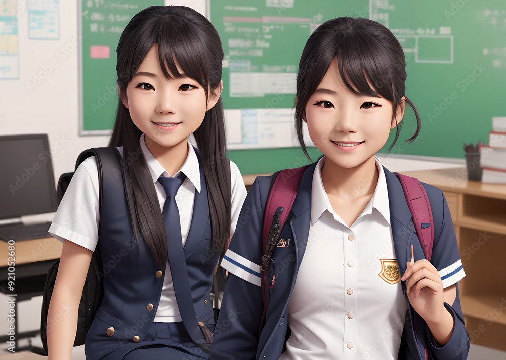 Schoolgirls asian sisters classmates children in uniform in the ...