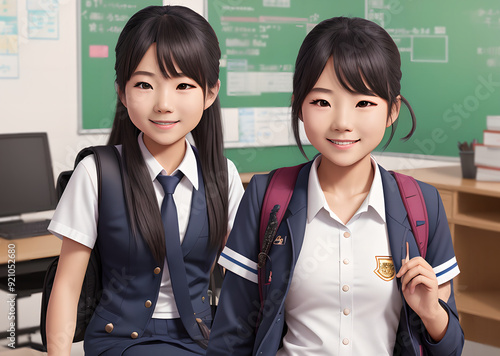 Schoolgirls asian sisters classmates children in uniform in the classroom with books, backpacks, sitting at their desks. Blackboard on the background. Back to school concept.