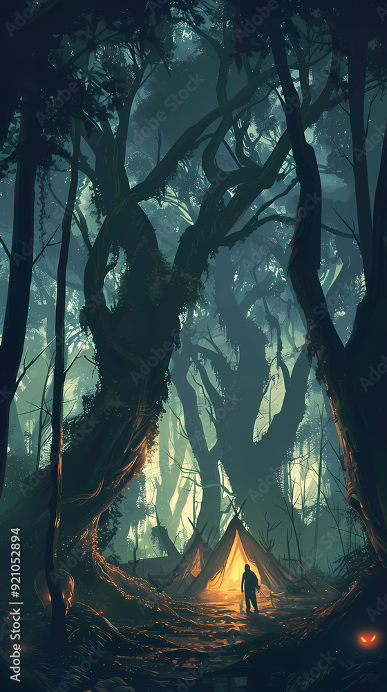 Fototapeta premium a tent in teh forest, ANIME MANGA style, nature, lonely