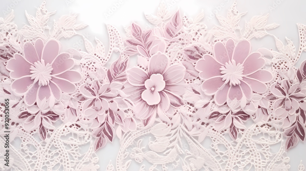 Elegant lace floral pattern with intricate white flowers on a soft pink background. Elegant lace floral pattern with intricate white flowers on a soft pink background.