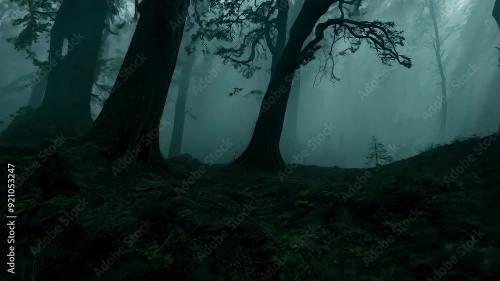 Scary dark haunted forest at night. View of tall tree crowns from bottom to top. Gloomy atmosphere. Mysterious foggy woodland. Eerie black wood. Drone camera move. Natural moon light Creepy silhouette Scary dark haunted forest at night. View of tall tree crowns from bottom to top. Gloomy atmosphere. Mysterious foggy woodland. Eerie black wood. Drone camera move. Natural moon light Creepy silhouette