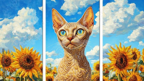 Set of 3 wall art panels with lively Devon Rex cat portrait against a lively field of sunflowers and blue skies, painting, close up, split into three on white background  photo