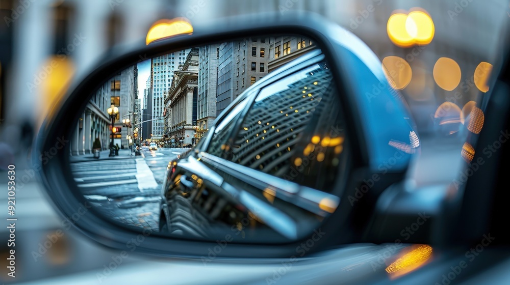 Cityscape Reflection in Rearview Mirror. Cityscape Reflection in Rearview Mirror.
