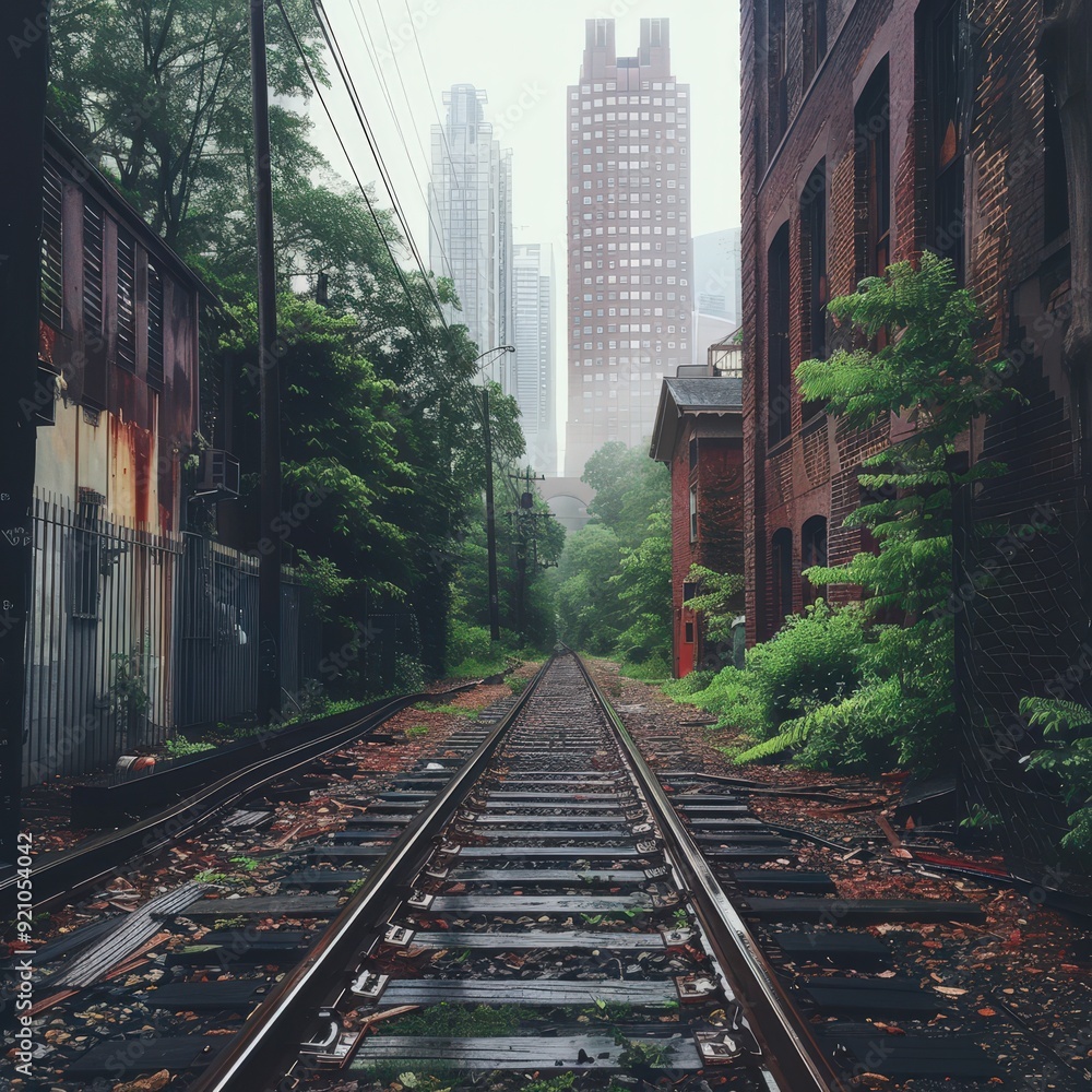 Naklejka premium Railroad Tracks Through City Park.