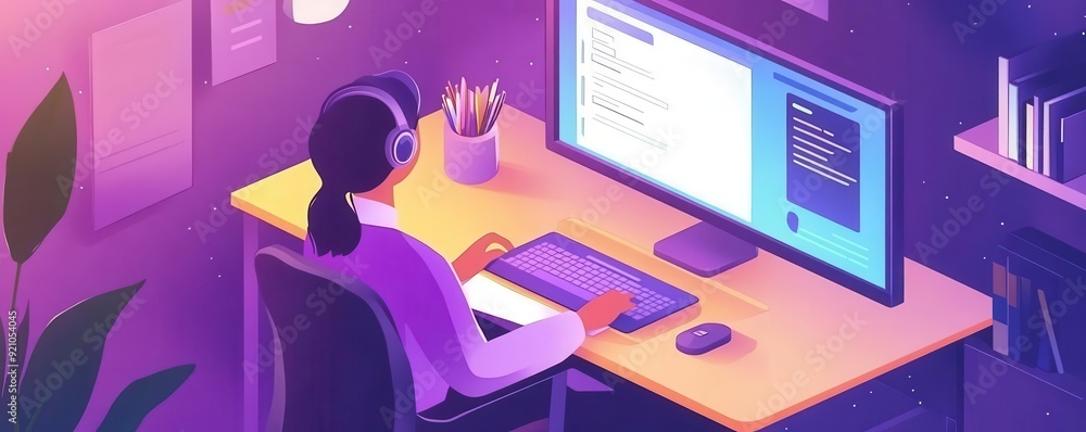 A person working late at a computer desk, wearing headphones, surrounded by modern technology and a vibrant atmosphere.
