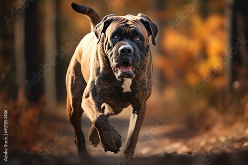 Mastiff dog running in the autumn park. Selective focus. Portrait of a Rhodesian mastiff dog running in the field photo