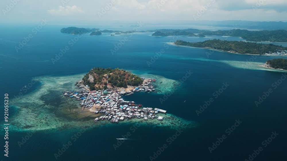 Papua Aerial. Aerial view of the inhabited island with the village of of Yellu in Misool region, Raja Ampat, West Papua, Indonesia Papua Aerial. Aerial view of the inhabited island with the village of of Yellu in Misool region, Raja Ampat, West Papua, Indonesia