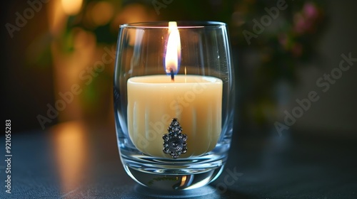 Burning Candle in Glass Holder.