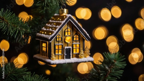 Christmas tree toy in the form of a house on a branch. Christmas mood background. Vacation atmosphere. Comfort hyuge concept cozy. Family budget Mortgage buying real estate