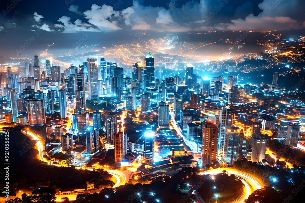 Obraz premium Night Cityscape With Skyscrapers and Traffic Lights.