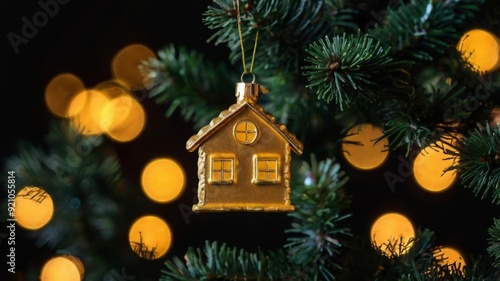 Christmas tree toy in the form of a house on a branch. Christmas mood background. Vacation atmosphere. Comfort hyuge concept cozy. Family budget Mortgage buying real estate photo