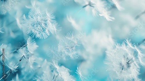 Dandelion fluff background for aesthetic minimalism style background. light blue , pastel color wallpaper with elegant and light flying fluffs. Fragile and lightweight