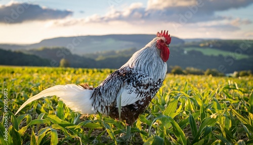 A spotted Bielefelder Kennhuhn standing in a cornfield photo