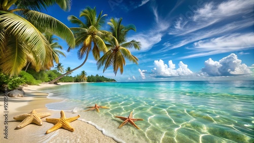 A Tranquil Tropical Beach Scene with Starfish, Seashells, and Vibrant Coral Reefs  AI Generated photo