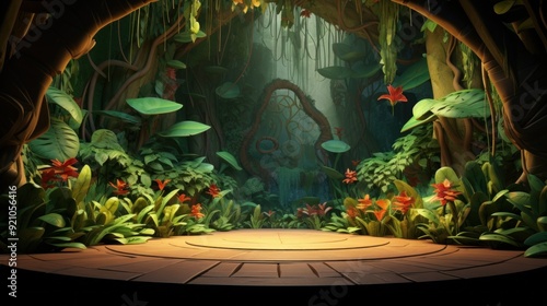 Fototapeta Naklejka Na Ścianę i Meble -  A circular wooden platform in a lush, cartoon-style jungle setting.