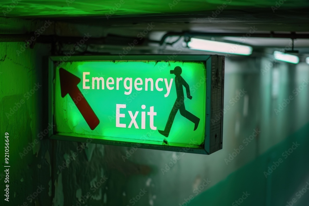 A vibrant green emergency exit sign shines brightly, directing individuals towards safety in a shadowy corridor. A vibrant green emergency exit sign shines brightly, directing individuals towards safety in a shadowy corridor.