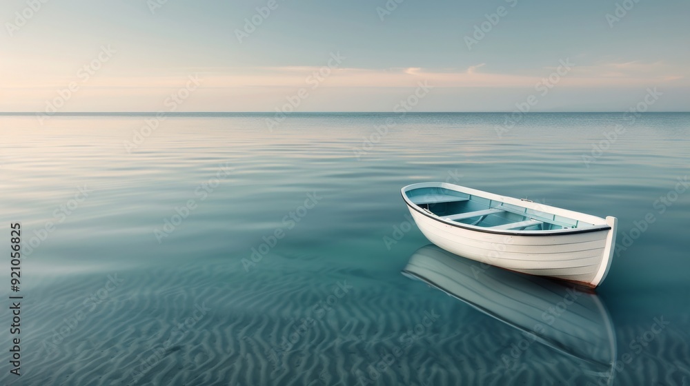 Calm Waters With A White Boat Floating In The Early Morning Light Calm Waters With A White Boat Floating In The Early Morning Light