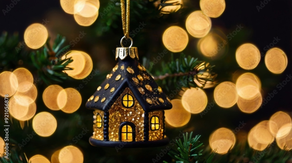 Christmas tree toy in the form of a house on a branch. Christmas mood background. Vacation atmosphere. Comfort hyuge concept cozy. Family budget Mortgage buying real estate Christmas tree toy in the form of a house on a branch. Christmas mood background. Vacation atmosphere. Comfort hyuge concept cozy. Family budget Mortgage buying real estate