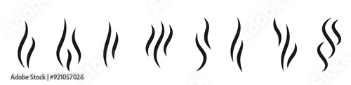 Aromas wavy icons set. Black silhouette steam, symbol smell smoking or stench. Simple template odour coffee or tea, perfume scent. Sign heat water or hot smoke. Isolated on white vector illustration
