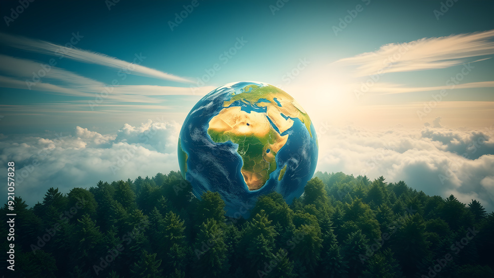 Earth nature globe with trees growing and clouds. Generative AI Earth nature globe with trees growing and clouds. Generative AI