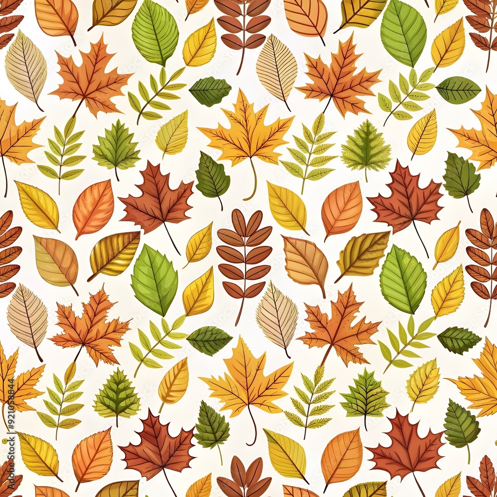 Fototapeta premium Fall seamless pattern with autumn leaves, berries, and acorns in trendy style. Maple, oak, and rowan leaf background for fabric, wallpaper