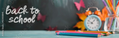 Back To School Themed Chalkboard With Colorful Pencils And A Clock