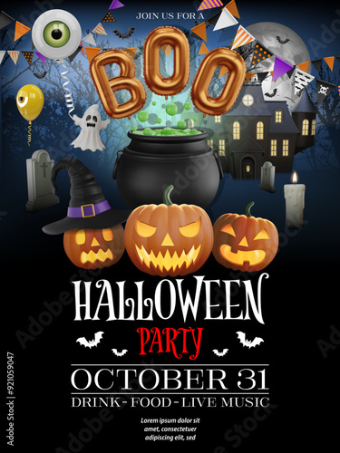 halloween party poster with party balloons and witch cauldron. halloween flyer with colorful balloons and pennants on scary landscape