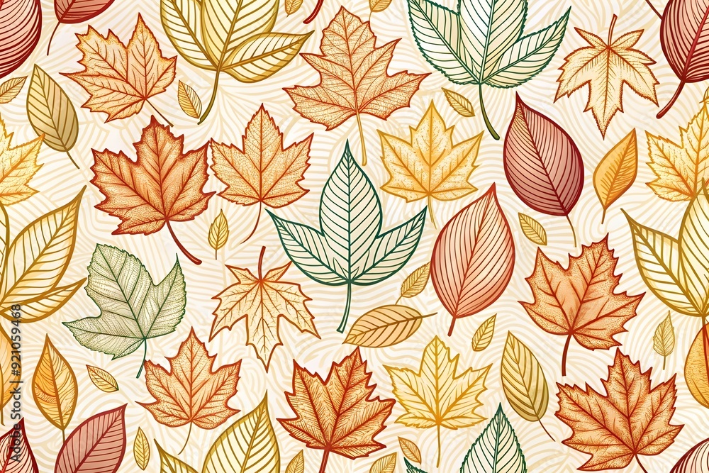 Fall seamless pattern with autumn leaves, berries, and acorns in trendy style. Maple, oak, and rowan leaf background for fabric, wallpaper Fall seamless pattern with autumn leaves, berries, and acorns in trendy style. Maple, oak, and rowan leaf background for fabric, wallpaper