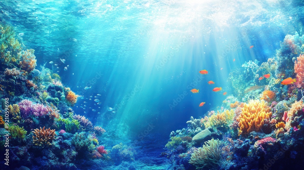 Underwater Scene with Sunbeams Illuminating Coral Reef and Fish Underwater Scene with Sunbeams Illuminating Coral Reef and Fish