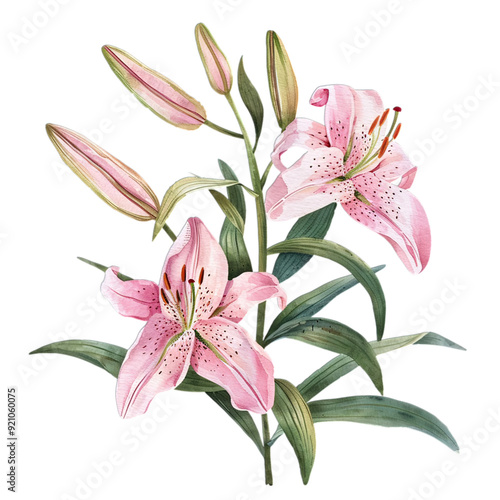 Adorable Watercolor Children's Illustration of Lily Flowers on White Background