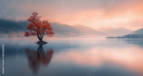 Serene Autumn Landscape With Single Tree in Misty Lake at Dawn