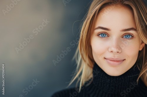 Young Woman With Short Blonde Hair and Blue Eyes in a Black Turtleneck Sweater