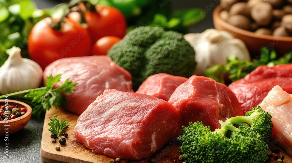 Nutrition. fresh cuts of meat, fish, eggs, bean and green broccoli, illustrating organic and nutritional options for health Nutrition. fresh cuts of meat, fish, eggs, bean and green broccoli, illustrating organic and nutritional options for health