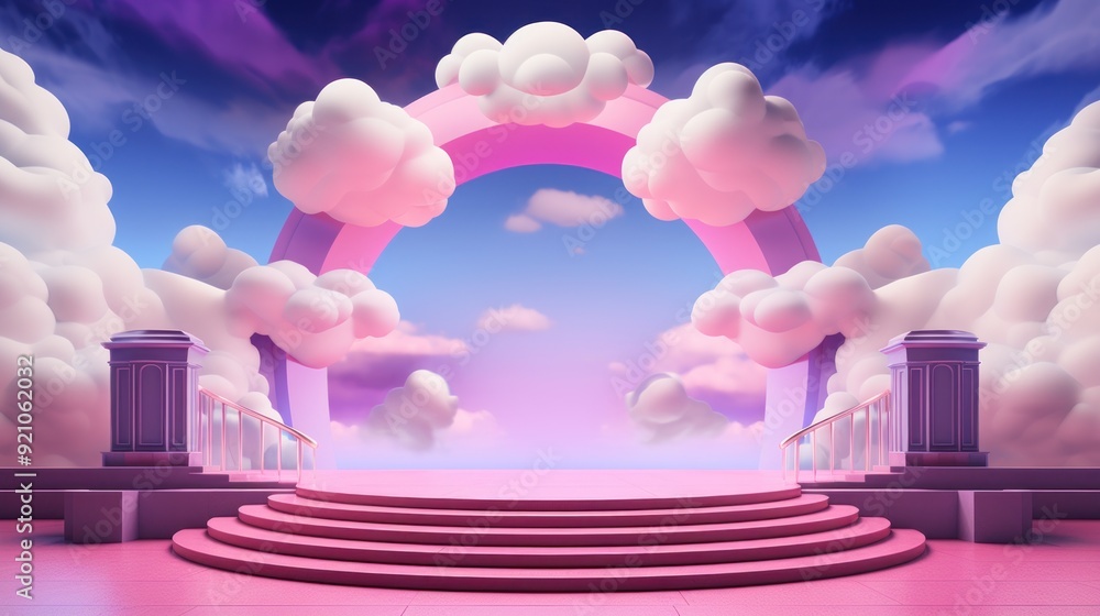 Pink archway in clouds with steps and railings leading to the sky. Pink archway in clouds with steps and railings leading to the sky.